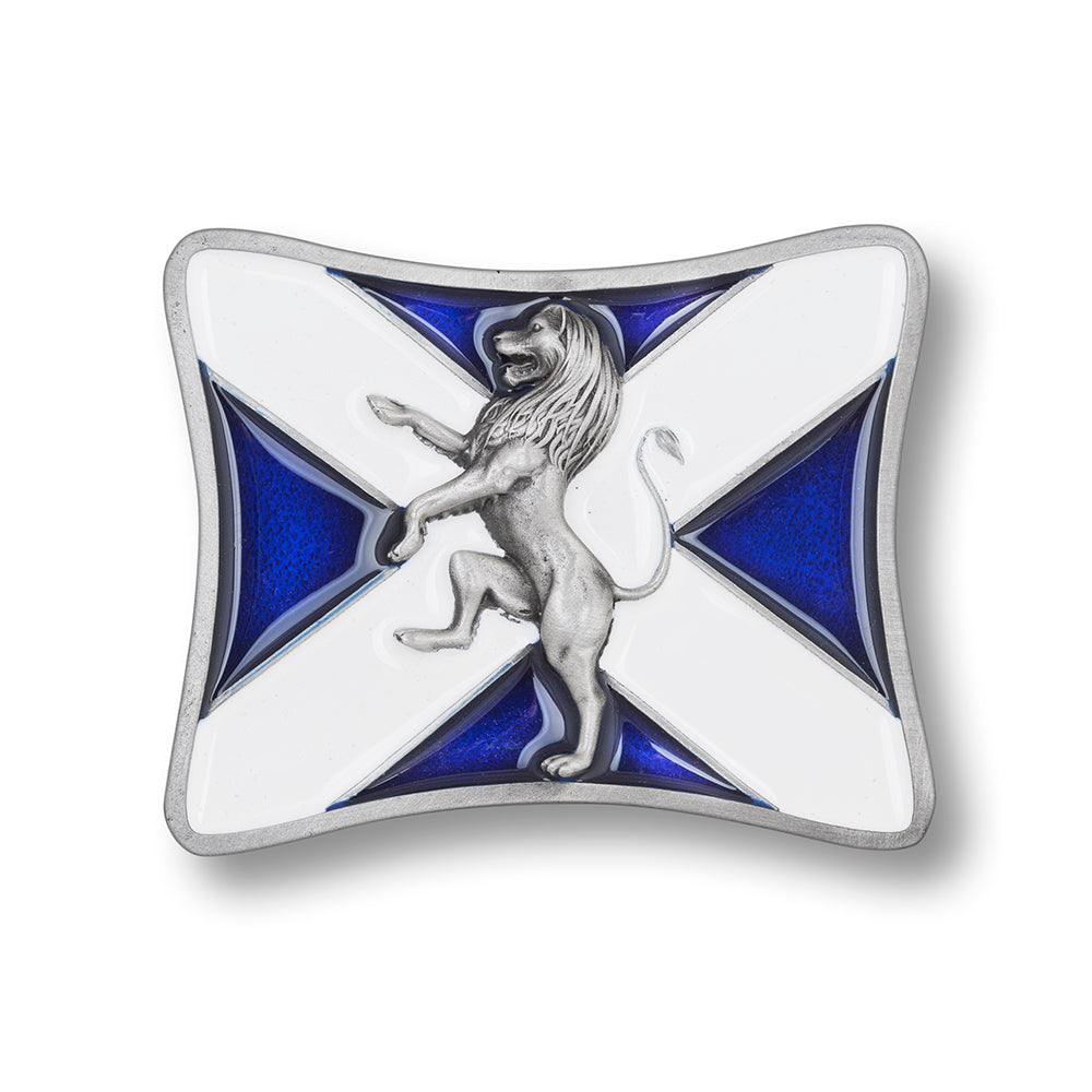 Enamelled Scottish Rampant Lion Pewter Kilt Buckle - Braemar Highlandwear Blue and White Matte