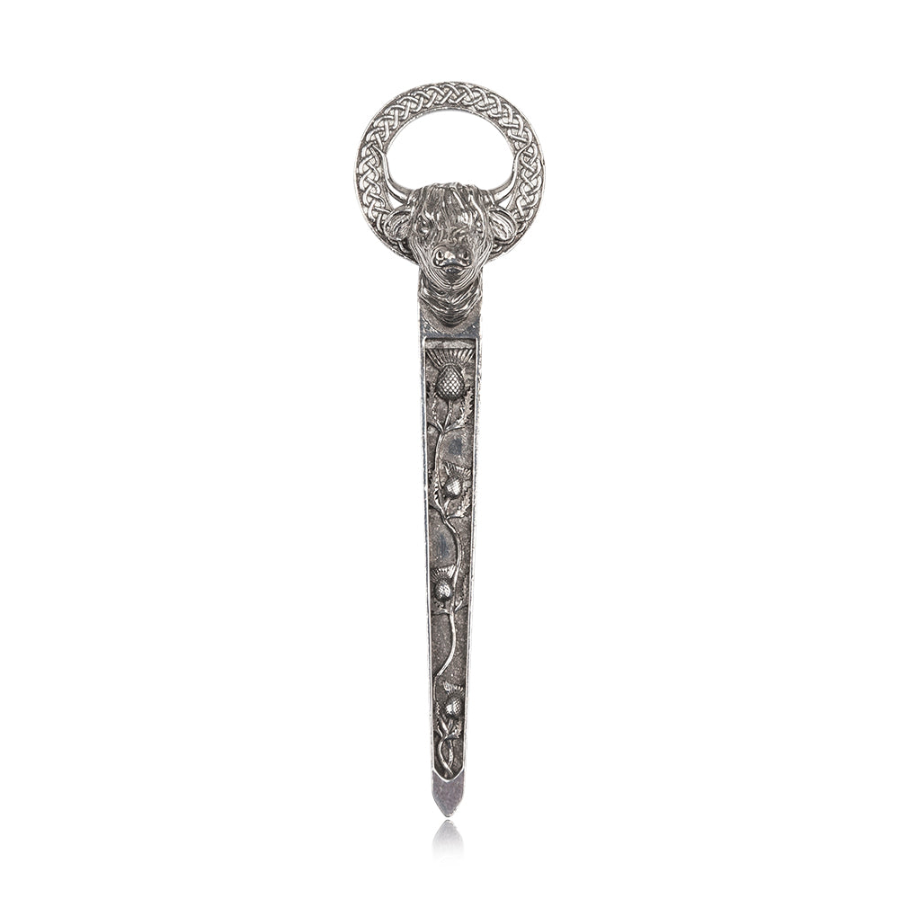 Highland Coo & Thistles Pewter Kilt Pin - Braemar Highlandwear Polished