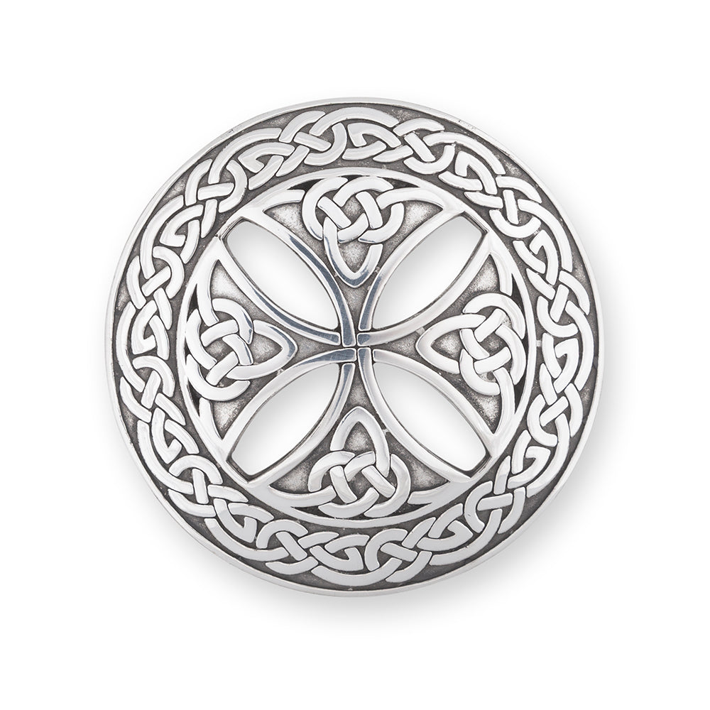 Celtic Cross Pewter Plaid Brooch - Braemar Highlandwear Polished