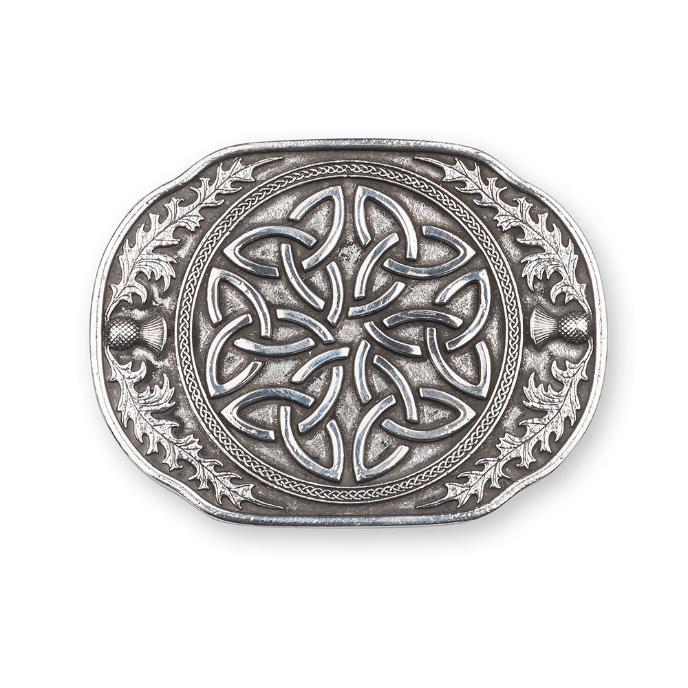 Elegant Celtic Trinity Pewter Kilt Buckle - Scottish Accessory - Braemar Highlandwear Polished