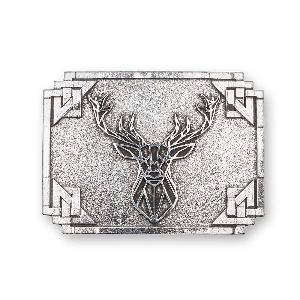 Handmade Pewter Kilt Belt Buckle with Geometric Stag & Celtic Knotwork - Braemar Highlandwear Polished