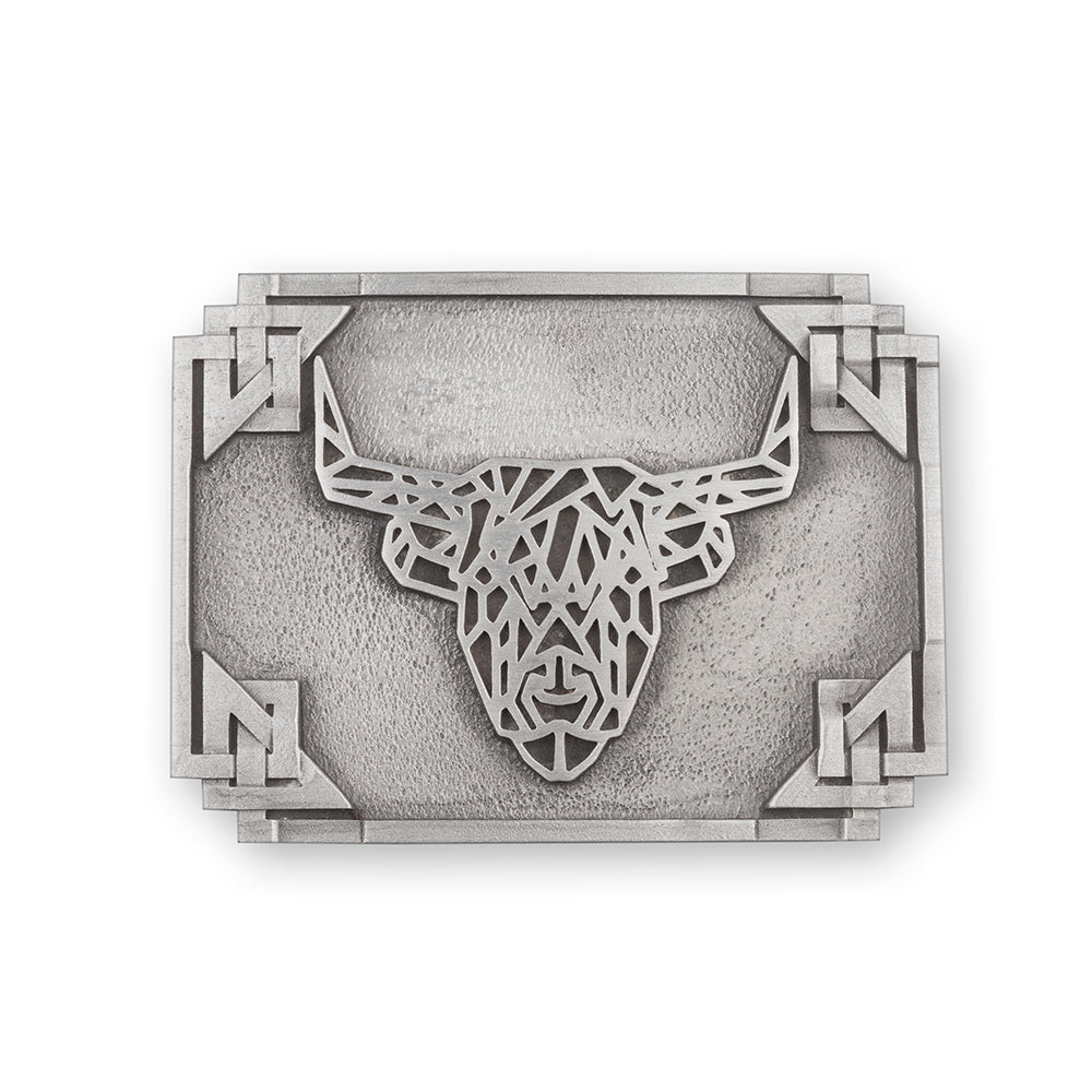 Geometric Highland Cow & Celtic Knotwork Pewter Kilt Belt Buckle - Braemar Highlandwear Matte