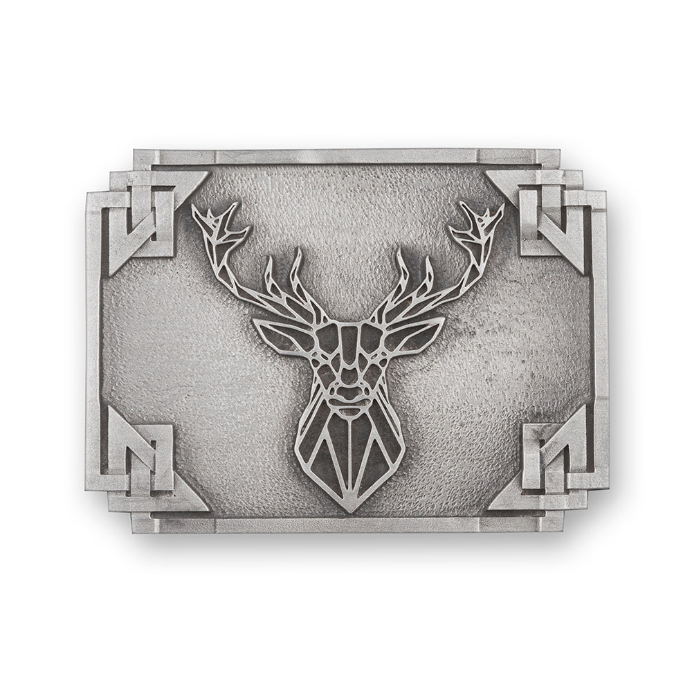 Handmade Pewter Kilt Belt Buckle with Geometric Stag & Celtic Knotwork - Braemar Highlandwear Matte