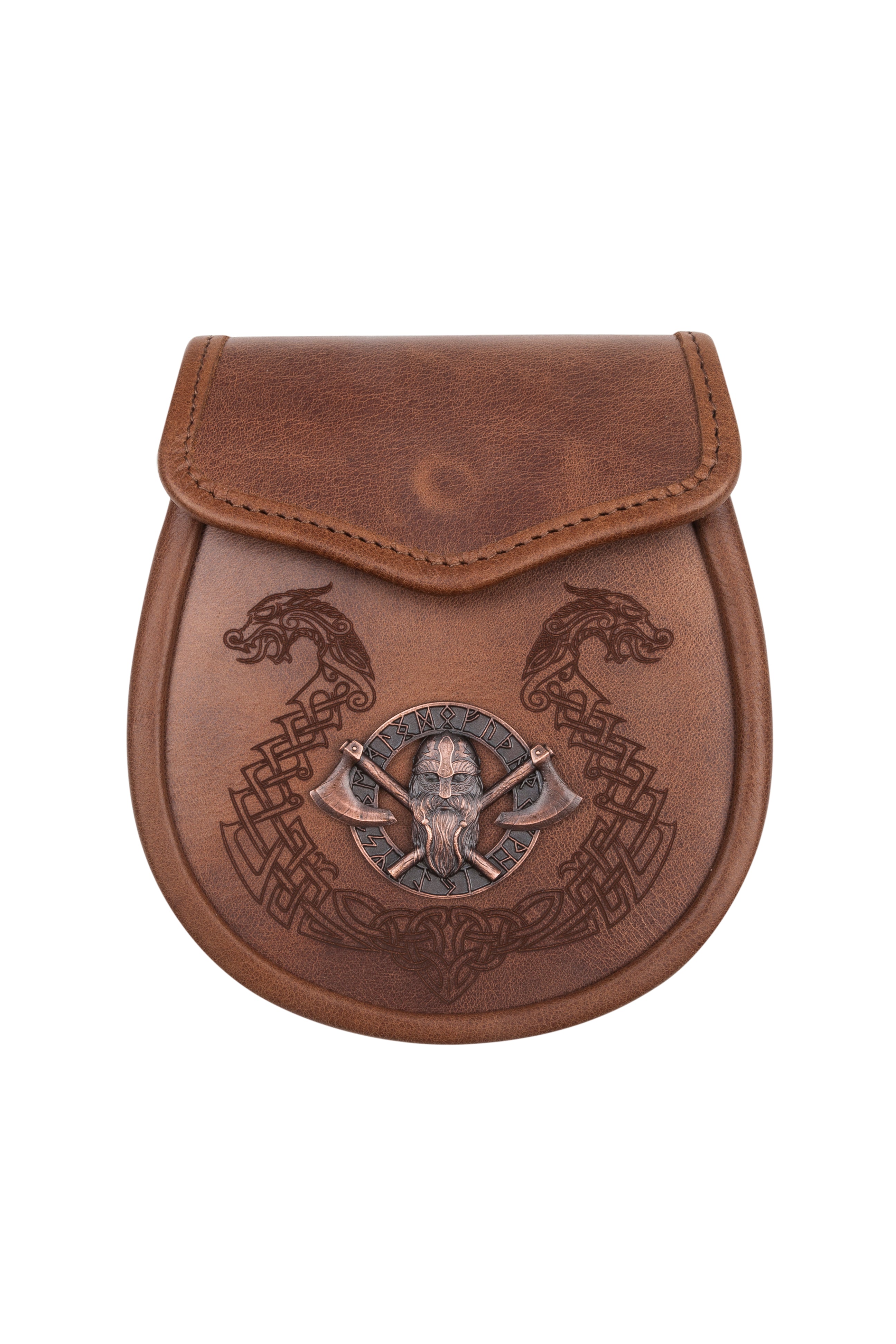 Viking Theme Day Sporran - Handmade Leather with Pewter Viking Badge