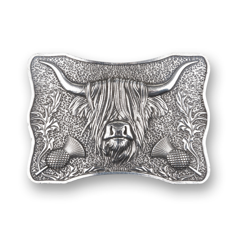 Highland Coo Pewter Kilt Belt Buckle - Authentic Scottish Accessory - Braemar Highlandwear Polished