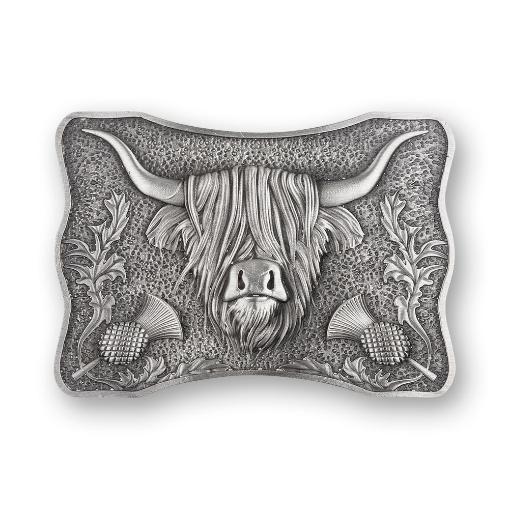 Highland Coo Pewter Kilt Belt Buckle - Authentic Scottish Accessory - Braemar Highlandwear Matte
